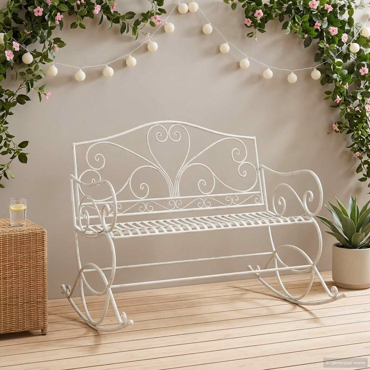 Panchina da giardino vidaXL in acciaio bianco vintage con braccioli