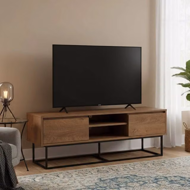 Mobile porta TV Corinna DMORA, Credenza moderna per soggiorno in legno e metallo, Noce e Nero, L: 140 cm, P: 40 cm, H: 50 cm