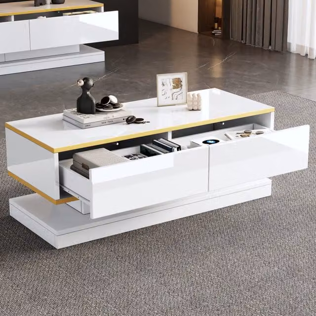 Tavolino da Salotto 100x50x38 cm, Bianco Caldo Lucido con Bordi Oro, 2 Grandi Cassetti, Design Unico con Centro Stretto e Piani Superiore/Inferiore Larghi