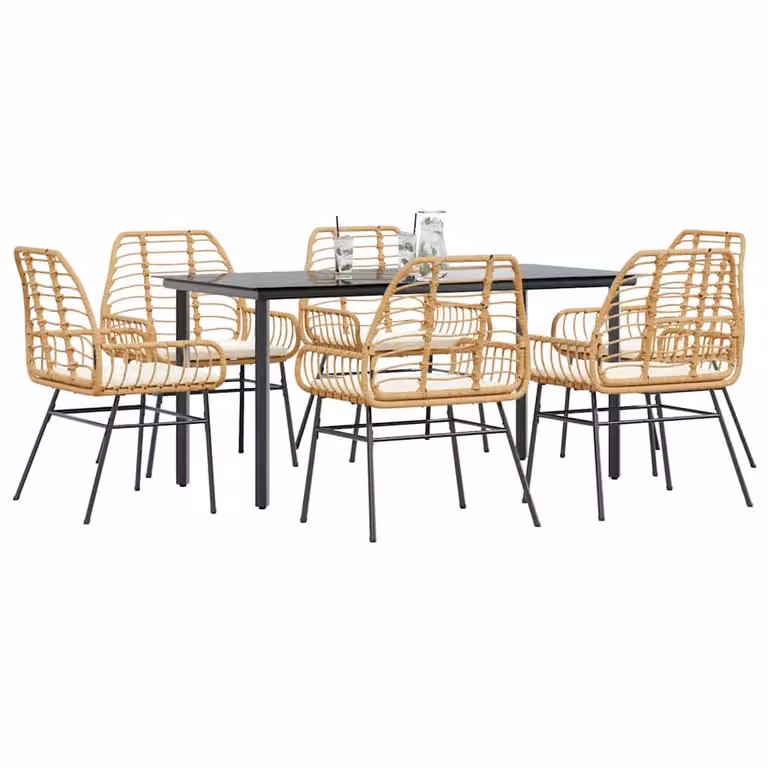 Set da pranzo da giardino vidaXL in polyrattan marrone con tavolo in vetro e 7 pezzi con cuscini