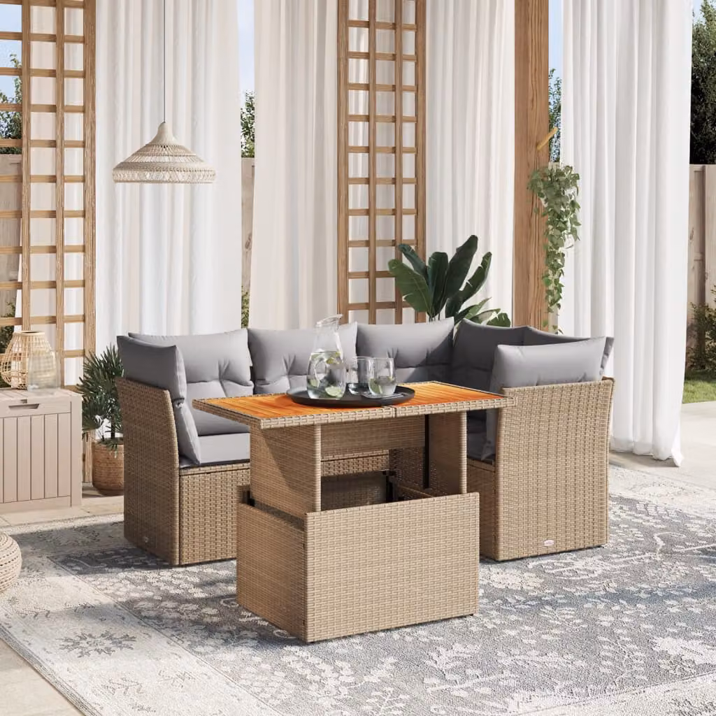 vidaXL Set Divano da Giardino 5 pz a L con Cuscini Beige e Tavolino in Polyrattan e Legno di Acacia – 1