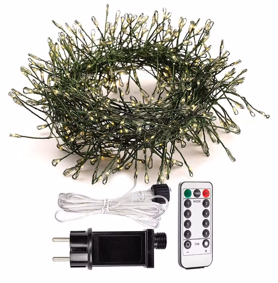 Catena luminosa da 30 metri con 1000 LED, filo verde, telecomando, luce bianco caldo