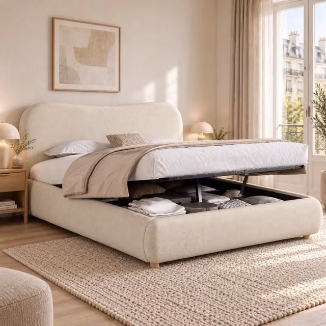 Letto matrimoniale imbottito 160x200 cm con funzione idraulica, rete a doghe, testiera imbottita e ampio spazio contenitore. Piedi in legno massello, beige chenille