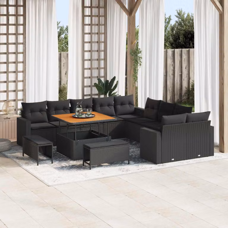 Set Divano da Giardino vidaXL 13 pz Nero con Cuscini e Tavolino, Design Moderno a Forma di U in Polyrattan e Acciaio con Legno di Acacia