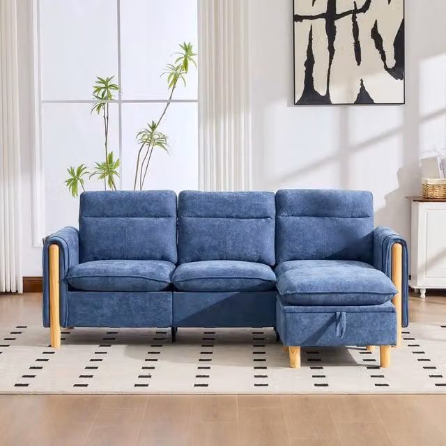 Divano angolare 3 posti con poggiapiedi contenitore ¨C Minimal ¨C tessuto chenille blu, gambe in legno