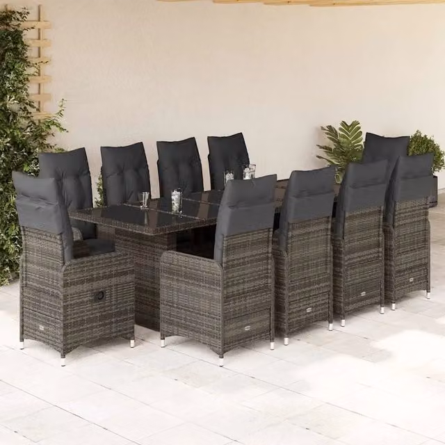 Set Bistrò da Giardino vidaXL 11 pz in Polyrattan Grigio con Cuscini e Tavolo in Vetro