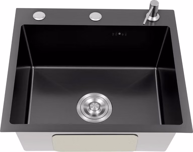 Lavello da cucina - Vasca singola - Acciaio inox - Con rubinetteria - Rettangolare - 50×45×20 cm - Spessore 2 mm - Scarico 50 mm - Nero