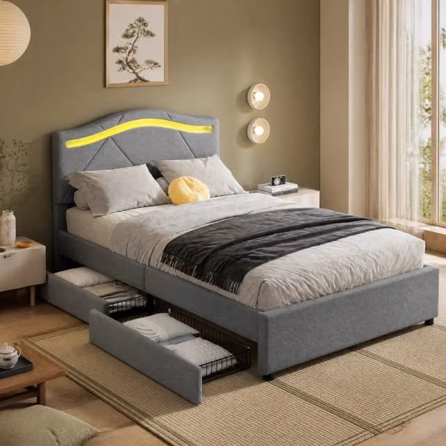 Letto singolo imbottito 90 × 200 cm con rete a doghe, LED, 2 cassetti, testiera regolabile in lino e MDF grigio