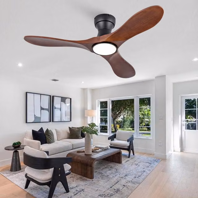Ventilatore da soffitto moderno con LED dimmerabile, telecomando e pale in legno marrone e nero, diametro 106,68 cm
