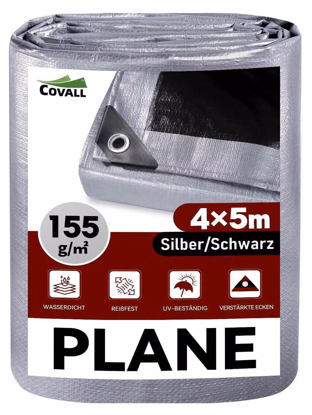 Telo di copertura con occhielli, 4x5 metri, impermeabile, 155 g/m², colore argento/nero, resistente allo strappo, stabilizzato contro i raggi UV