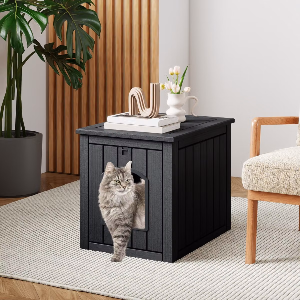 Costway Contenitore per lettiera per gatti con porta frontale ribaltabile e pavimento rialzato, rifugio impermeabile in legno MDF, Nero