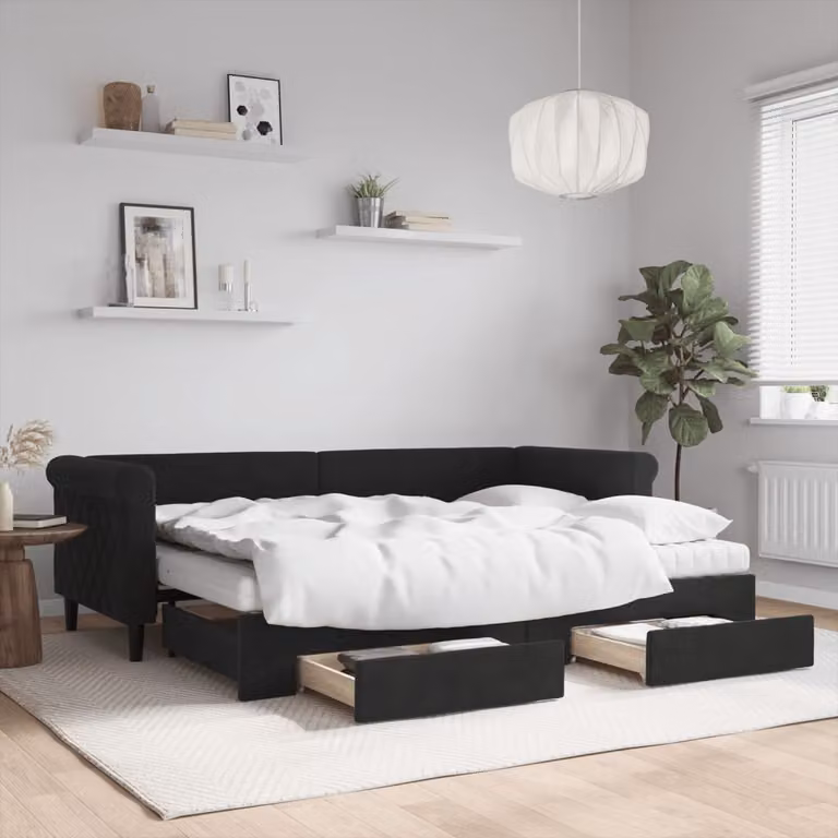 vidaXL Divano Letto Moderno in Velluto Nero con Cassetti e Struttura in Legno e Metallo L/P/H: 229 x 90 x 68 cm