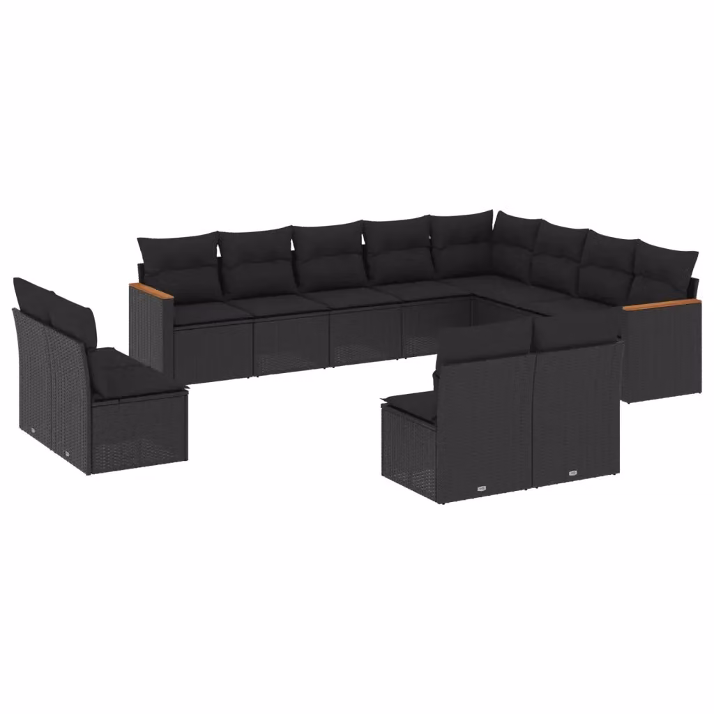 Set di divani da giardino a forma di U vidaXL in rattan nero con cuscini e struttura in acciaio rivestito in polvere – 2