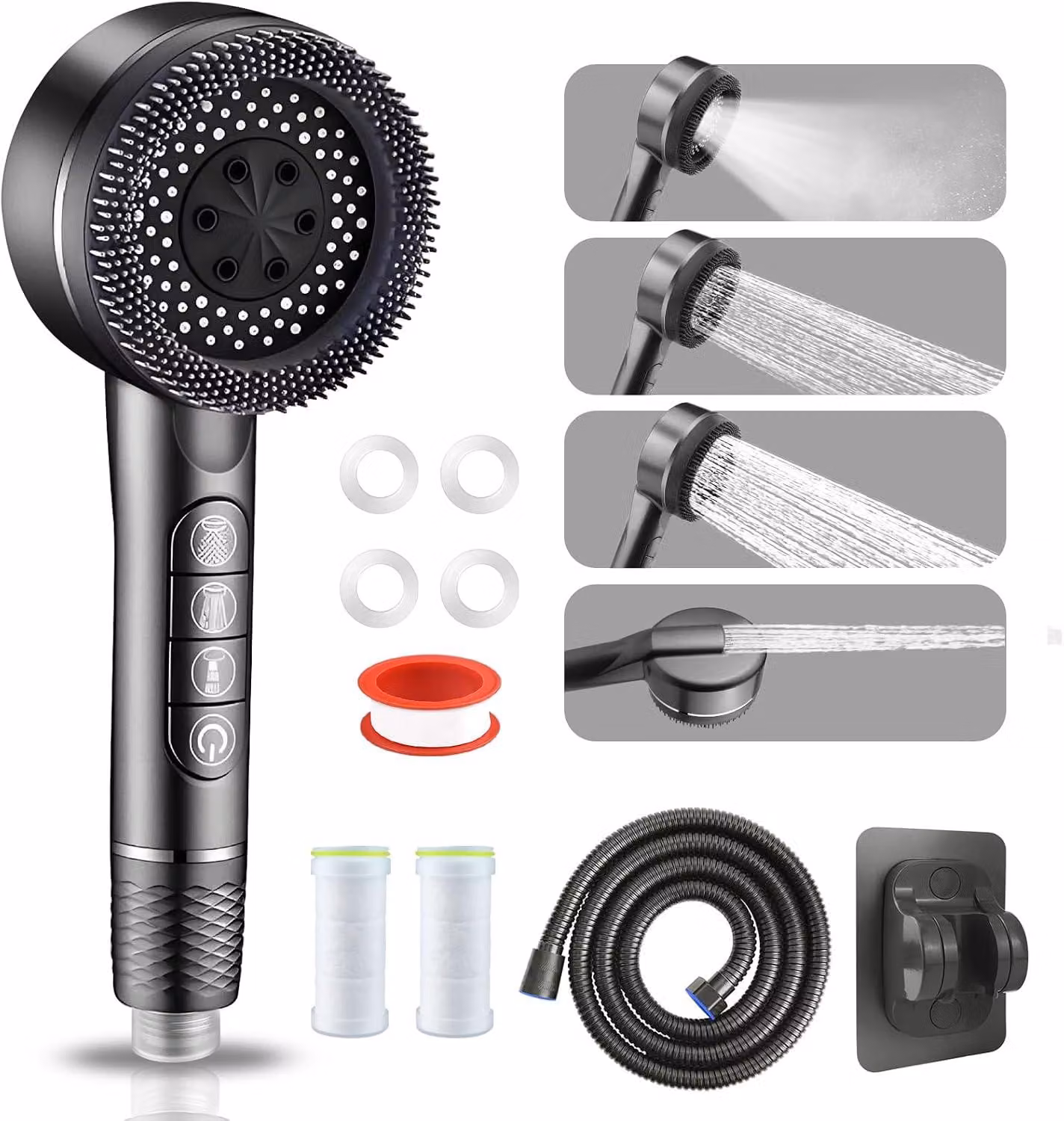 Set di soffione manuale con filtro, 4 getti, tubo da 1,5 metri, in ABS, adatto per acqua dura