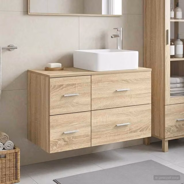 Set di mobili da bagno vidaXL composto da mobile lavabo e pensile beige in legno con finitura opaca e design minimalista – 1