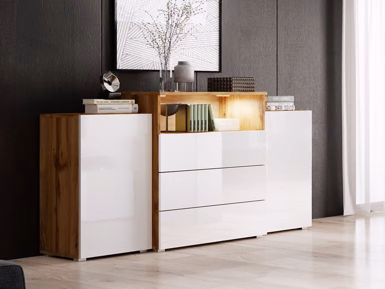 Cassettiera combinata con illuminazione a LED ZORINA – rovere wotan / bianco lucido