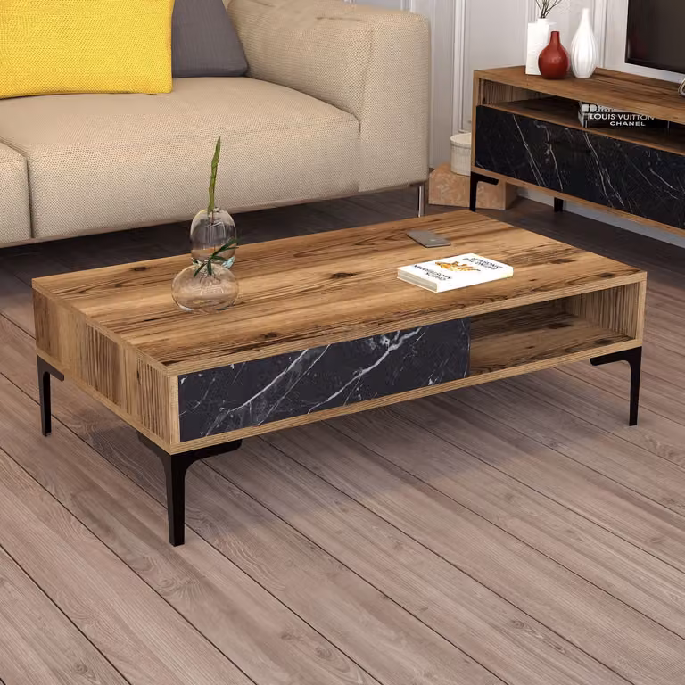 Skye Decor, tavolino da caffè di alta qualità, noce e nero, 105 x 32,6 x 60 cm | Pannello di particelle rivestito in melamina al 100%, spessore 18 mm | Stile moderno e industriale con gambe in metallo (17 cm)