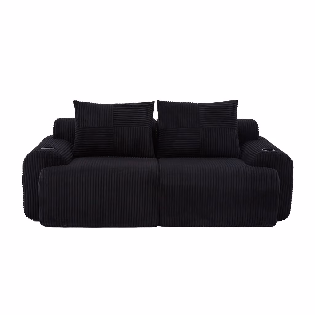 Divano modulare moderno a 2 posti in velluto nero con portabicchieri e tasca laterale L: 200 cm, P: 80 cm, H: 80 cm – 2