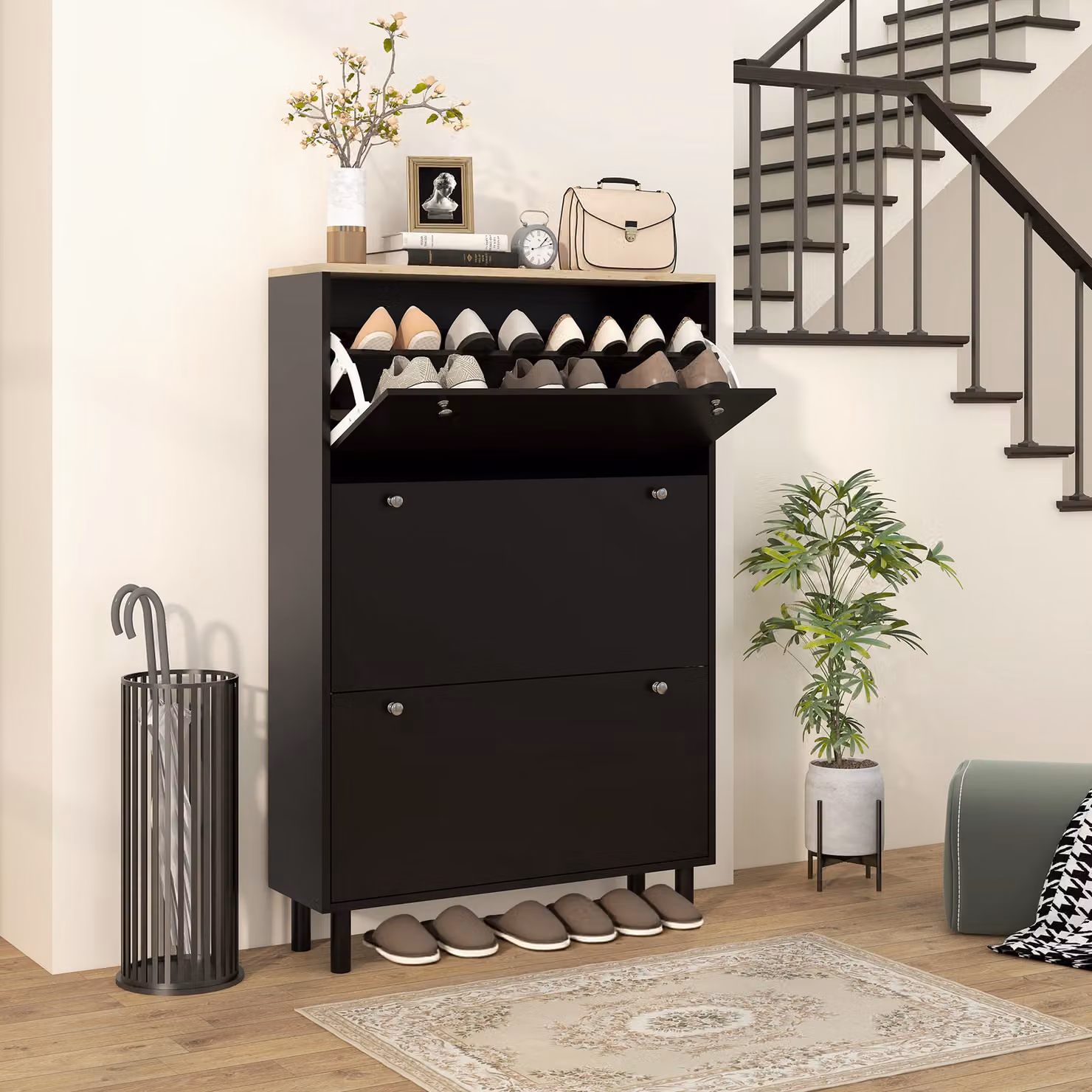 Scarpiera slim HOMCOM nera con 3 cassetti ribaltabili e ripiani regolabili per 24 paia di scarpe – 2