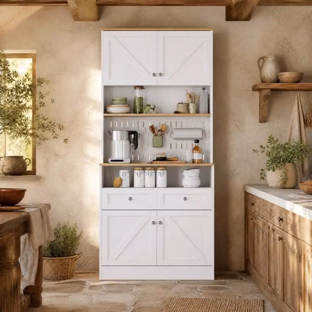 Credenza Mivray per cucina e soggiorno con ante scorrevoli e ripiani interni, bianca e beige, L 80 x P 40 x H 175 cm