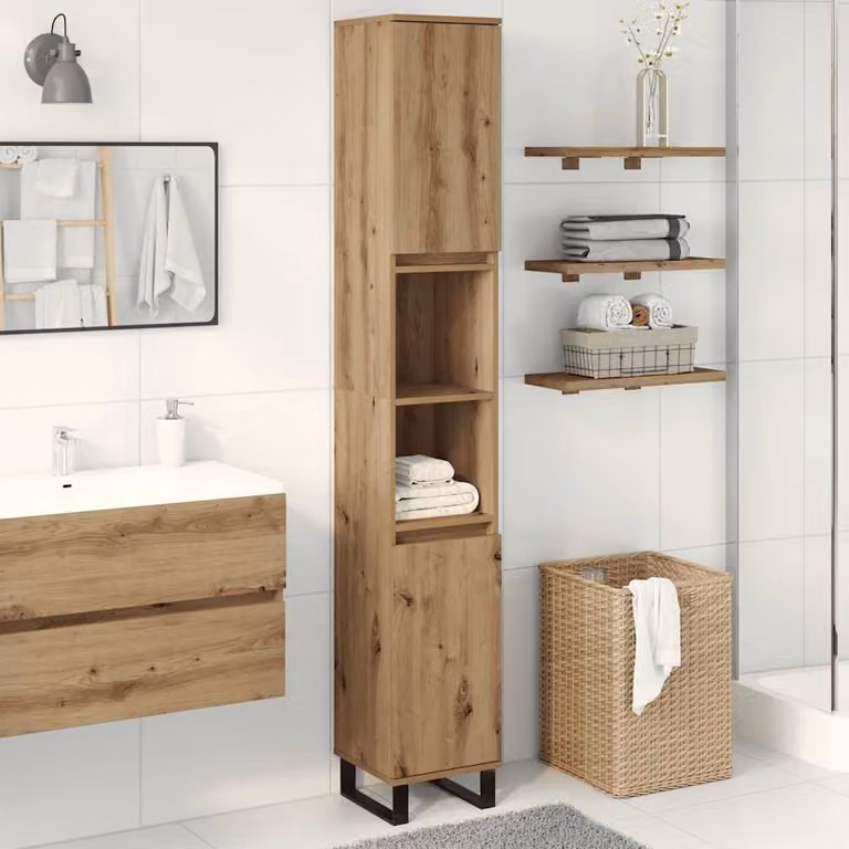 Armadietto da bagno sospeso vidaXL in legno rovere e metallo, colore marrone, L/P/H: 30 x 30 x 190 cm