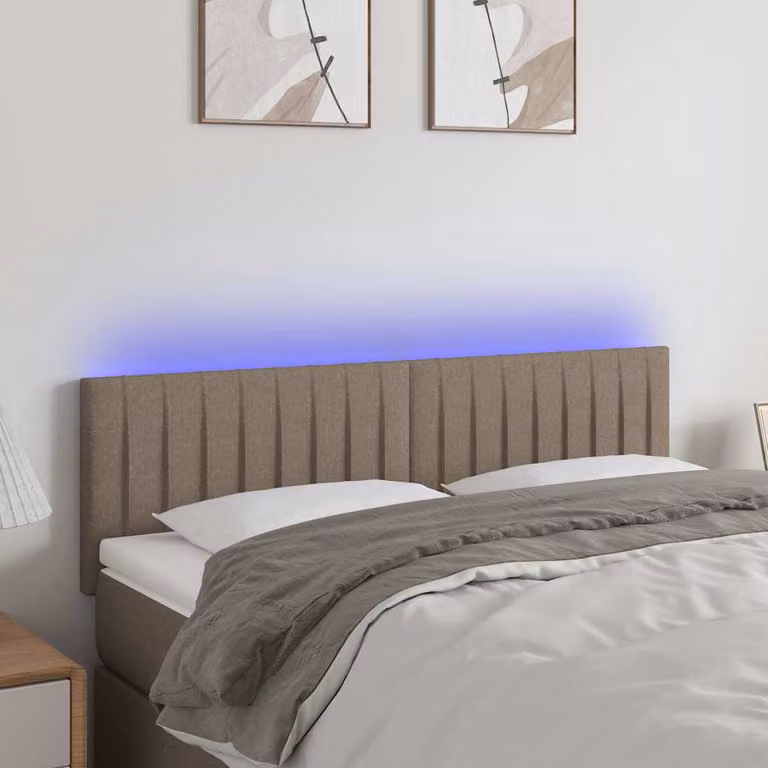 Testiera per letto vidaXL in tessuto tortora con illuminazione LED e porta di ricarica USB, L: 144 cm, P: 5 cm, H: 78-88 cm