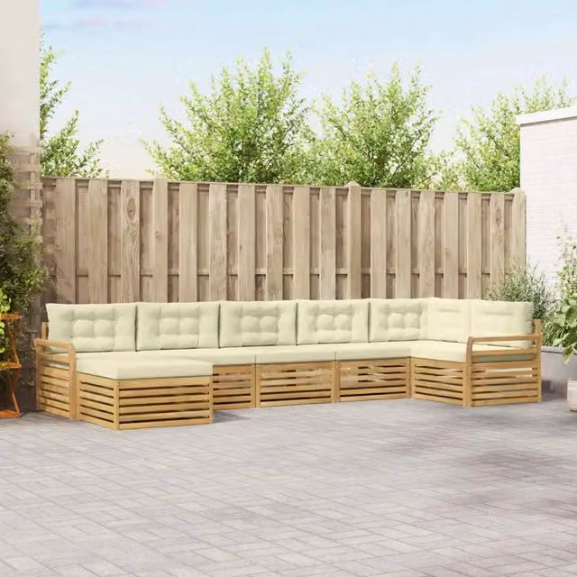Set di divani da esterno moderno vidaXL in legno di acacia con 7 pezzi, colore bianco e beige – 1