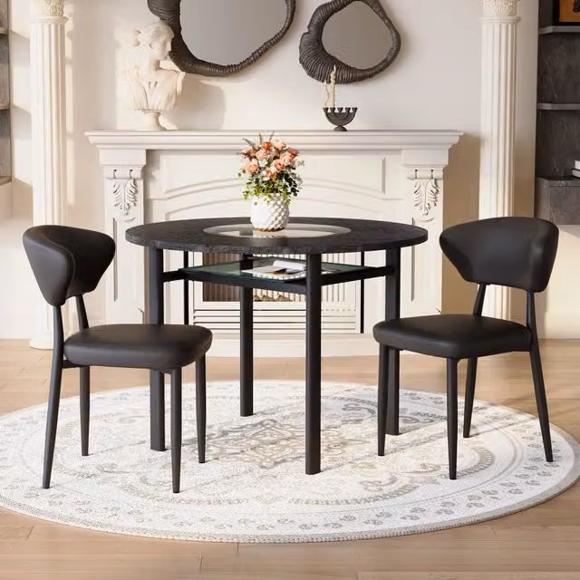 Set tavolo rotondo 100 cm con 2 sedie; piano in MDF e vetro; nero