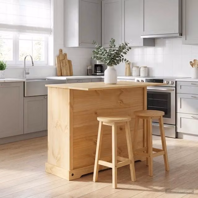 Set isola da cucina moderna vidaXL in legno di pino, colore marrone e beige, L/P/H: 112 x 70 x 91,5 cm