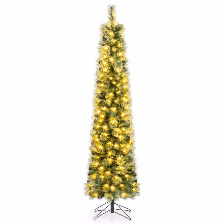 Costway Albero di natale slim con luci incorporati e regolabili con timer e telecomado per interno e esterno, Albero natale automatico con 120 LED xs