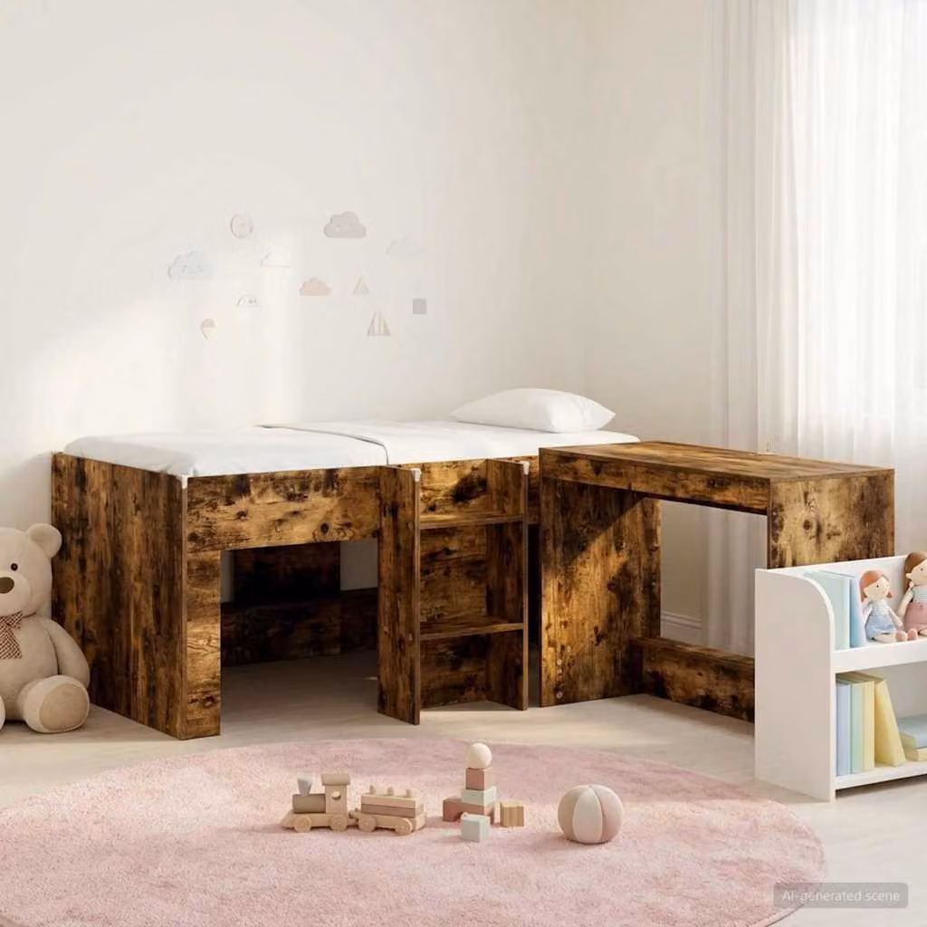 Letto alto per bambini vidaXL con scrivania, colore Rovere Fumo, L: 120 cm, P: 68,5 cm, H: 163 cm