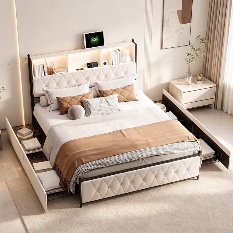 Letto imbottito INONEFT 140x200 con spazio contenitore, letto matrimoniale con LED e USB, letto per ragazzi con 4 cassetti, struttura del letto, tessuto velluto, color beige