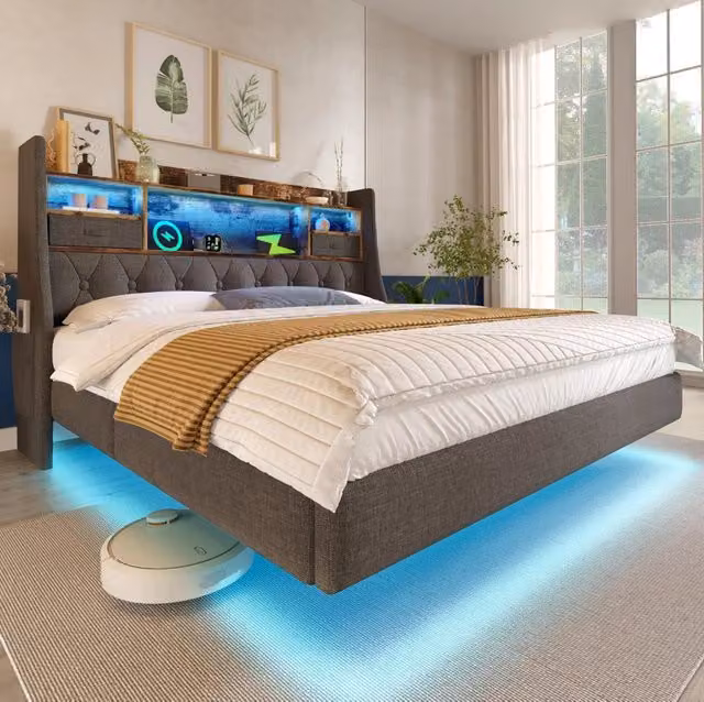 Letto 140x200 cm con LED; porta USB C e testiera contenitore; lino grigio