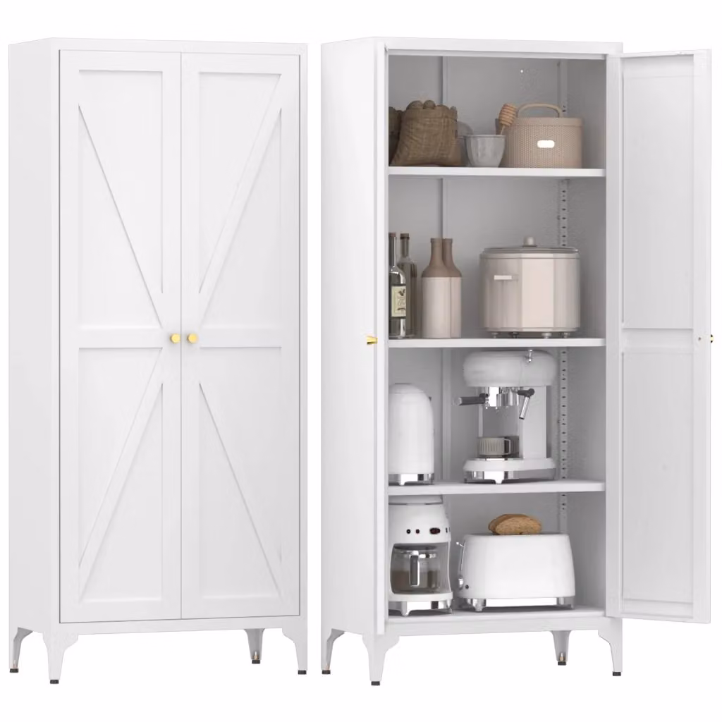 Armadio da parete Minimal a 2 ante con ripiani regolabili in metallo bianco e oro per cucina, soggiorno o camera da letto L: 70,0 cm, P: 35,0 cm, H: 165,0 cm – 2