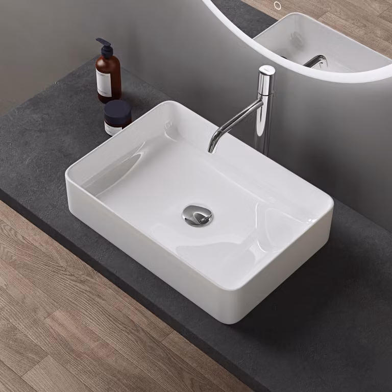 doporro Lavabo Bagno Rettangolare Lavabo da Appoggio in Vetroceramica Lavandino con Bordo Sottile 50x35x11 cm Bianco Lucido Lavamani Lavello senza Foro Rubinetto per Guardaroba Bagno Brš¹ssel105