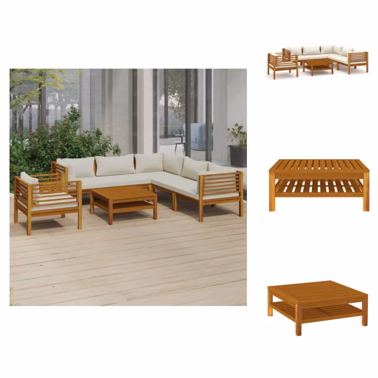 vidaXL set da salotto da giardino 7 pezzi con cuscini crema in legno massiccio di acacia - Set di mobili da giardino