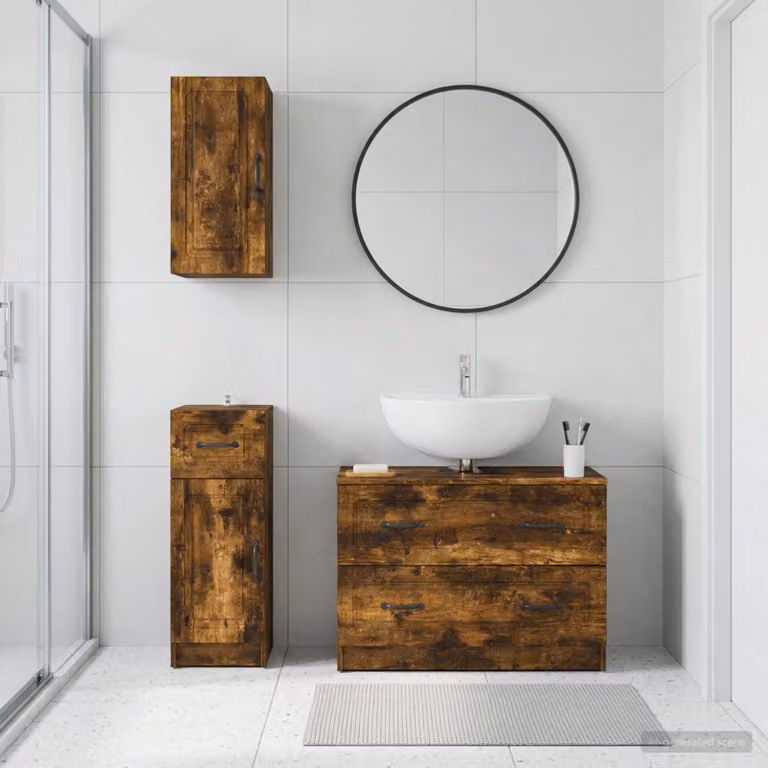 Set di armadietti da bagno moderni vidaXL UTRECHT in 3 pezzi, Rovere Fumo, con mobile lavabo e pensili a muro