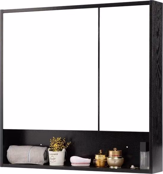 Armadietti da bagno con ripiano nero, doppia anta a specchio, armadietto da bagno a parete, montaggio a parete, armadietto per WC