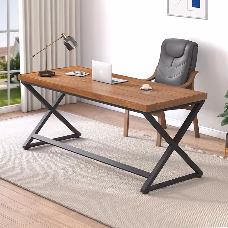 Scrivania in legno massello, 152 cm - Design industriale, gambe a X - 152 x 60 x 77 cm