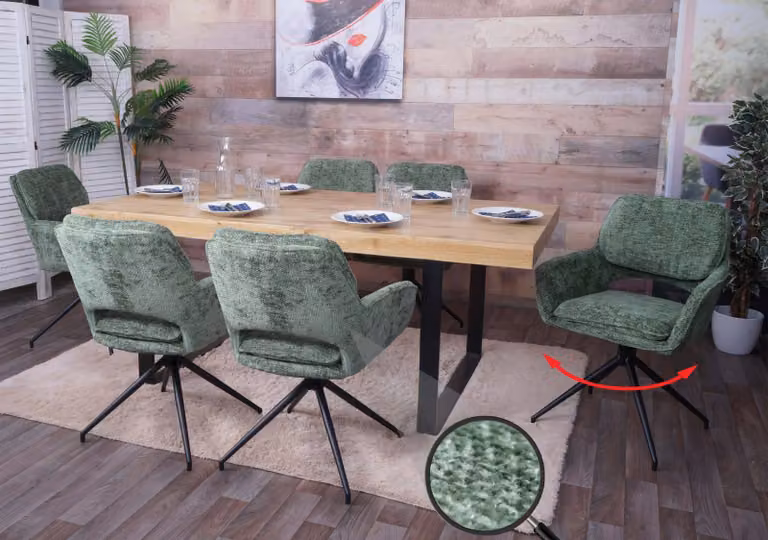 Set di 6 sedie da pranzo modello HWC-N74, sedia da cucina, girevole con ritorno automatico, rivestita in tessuto chenille (490g/m²), colore verde