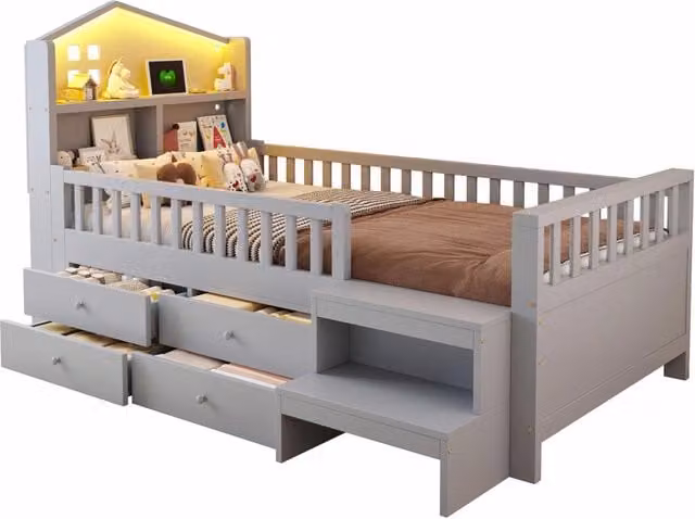 Letto singolo per bambini con struttura a casetta, illuminazione LED, porte USB e Type-C, 4 cassetti e mensola integrata, grigio, L/P/H: 200 x 90 x 116 cm – 1