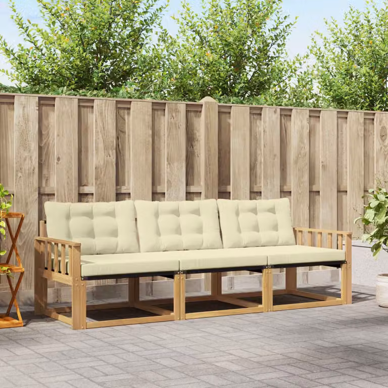 Set di divani da esterno vidaXL in legno di acacia e textilene, 3 pezzi, Bianco e Beige con cuscini inclusi