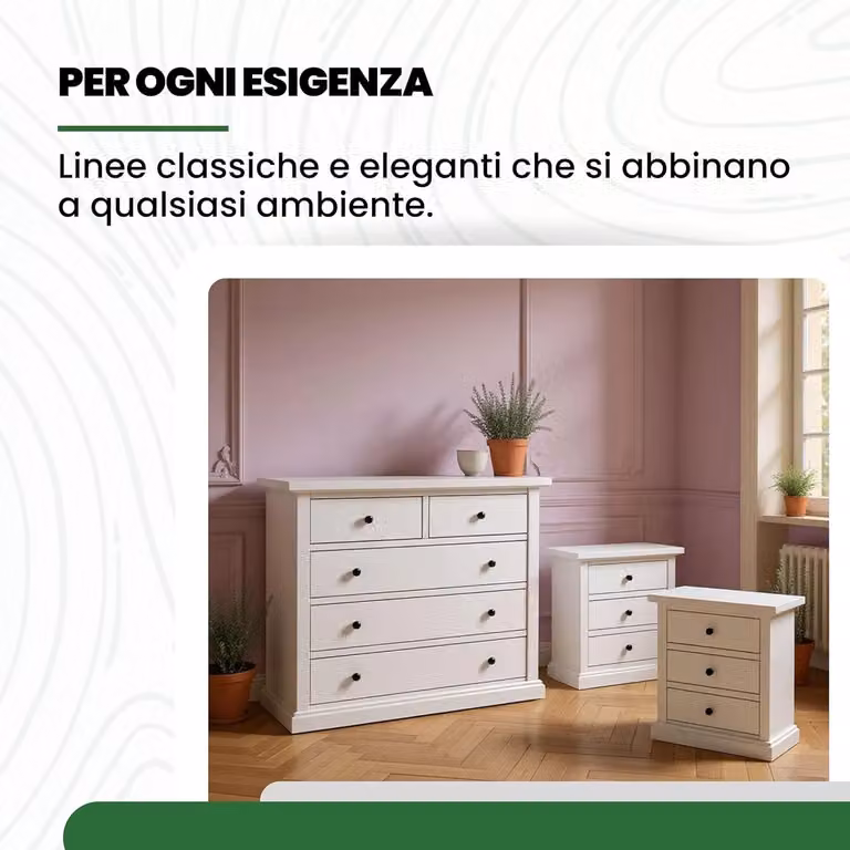 Gruppo comò Mobili 2G con 5 cassetti e 2 comodini a 3 cassetti in laccato bianco opaco