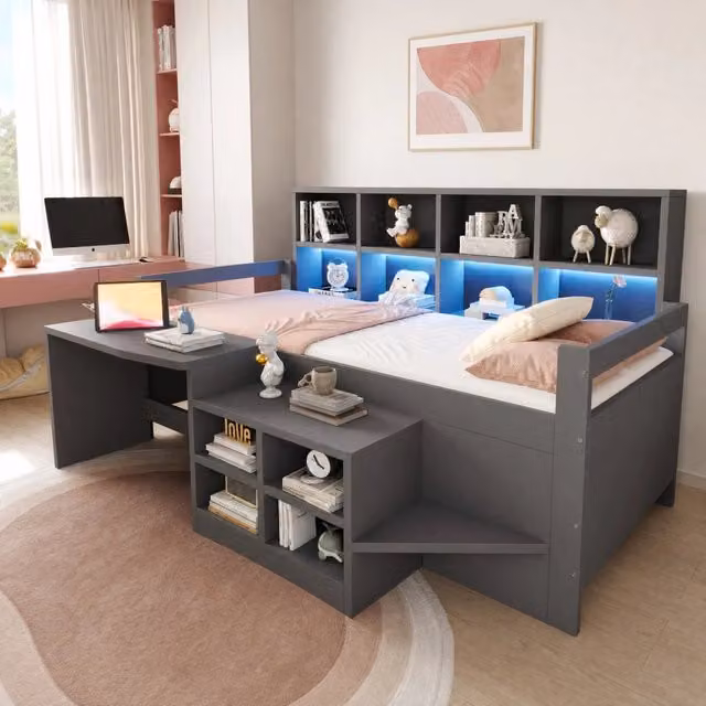 Letto singolo multifunzione 90x200 cm con scrivania, contenitori integrati, LED e prese USB, struttura in legno massello grigio