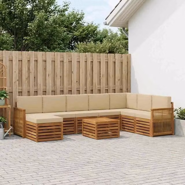 Set di divani da esterno 7 pezzi vidaXL in legno di acacia e tessuto beige con cuscini e tavolino da giardino moderno – 1