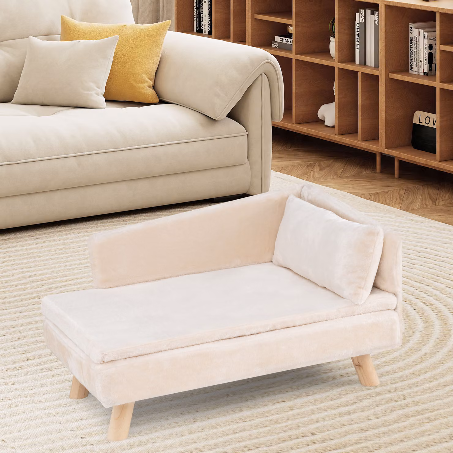 Divano letto per cani Costway con cuscino imbottito rimovibile e gambe in legno robuste, Bianco