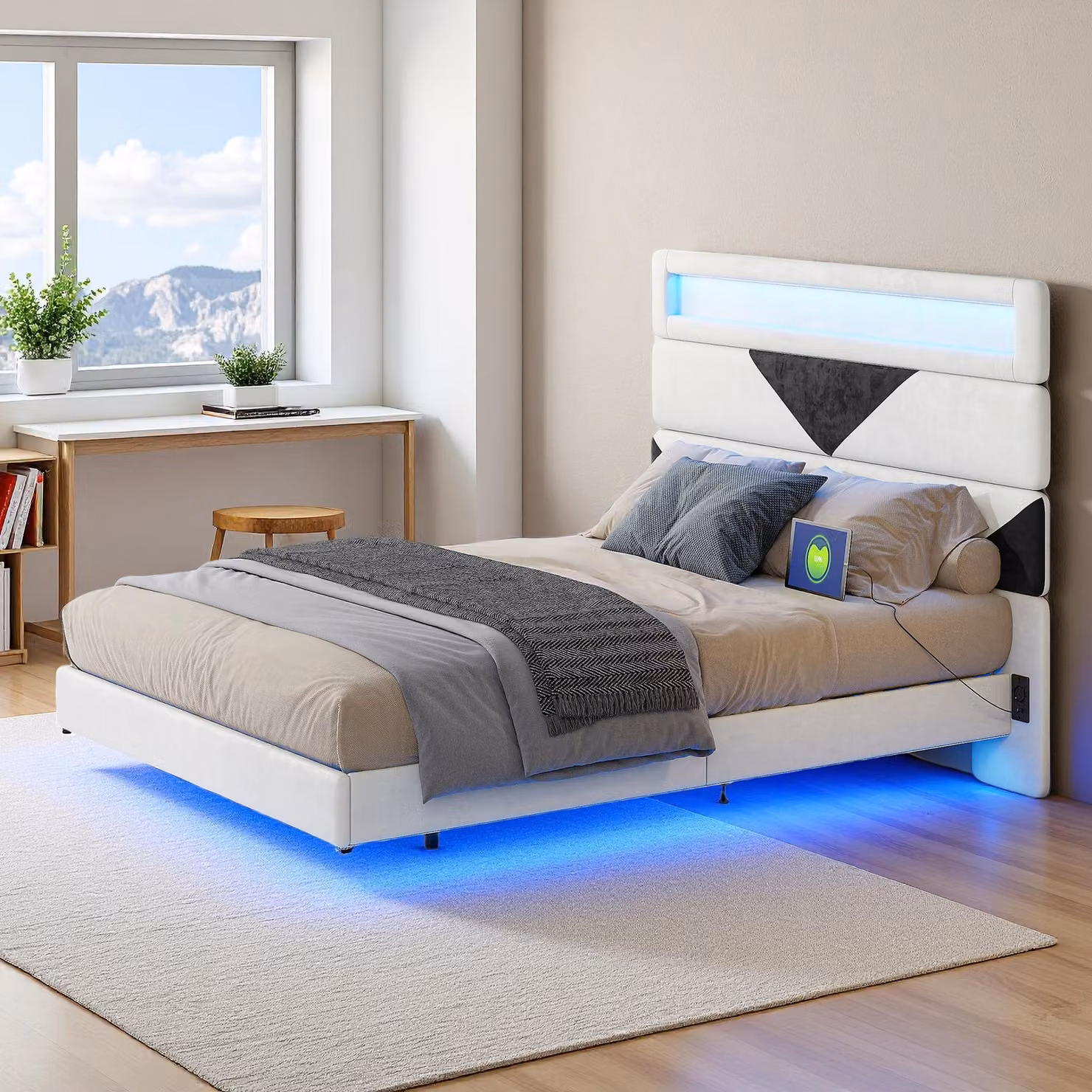 Letto galleggiante 140 x 190 cm con illuminazione a LED e 2 porte USB, struttura letto con rete a doghe, letto per 2 persone con testiera, Beige+Nero