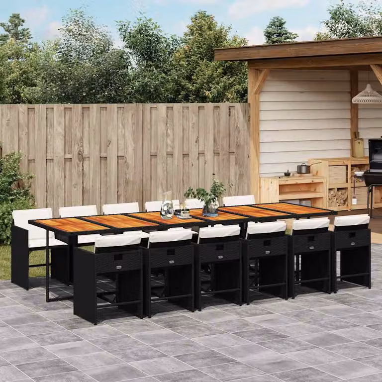 Set da pranzo da giardino vidaXL in polyrattan nero con cuscini e tavolo in legno di acacia per 13 persone