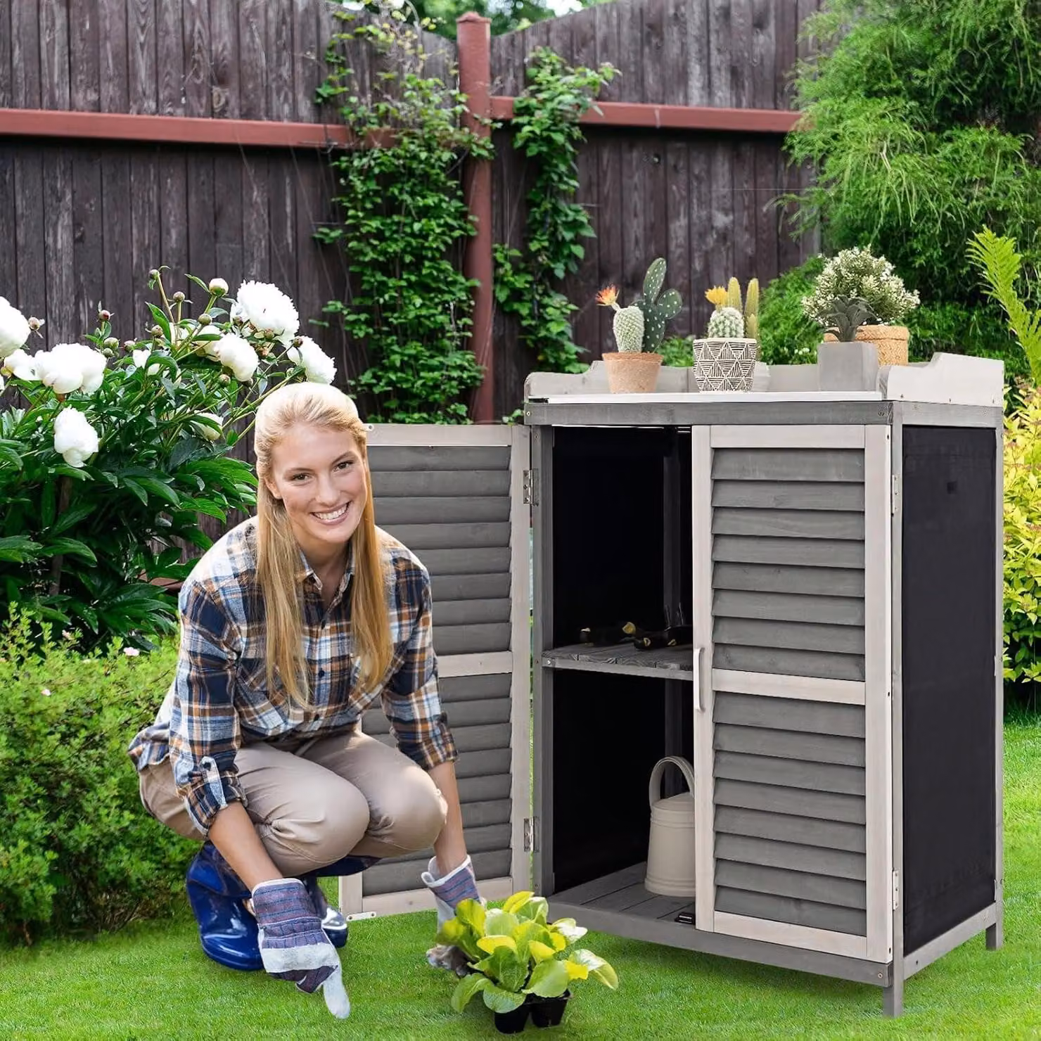 Tavolo da lavoro per il giardino - Vassoio in legno per vasi - Tavolo per piante con piano di lavoro in metallo - Mobile contenitore per esterni