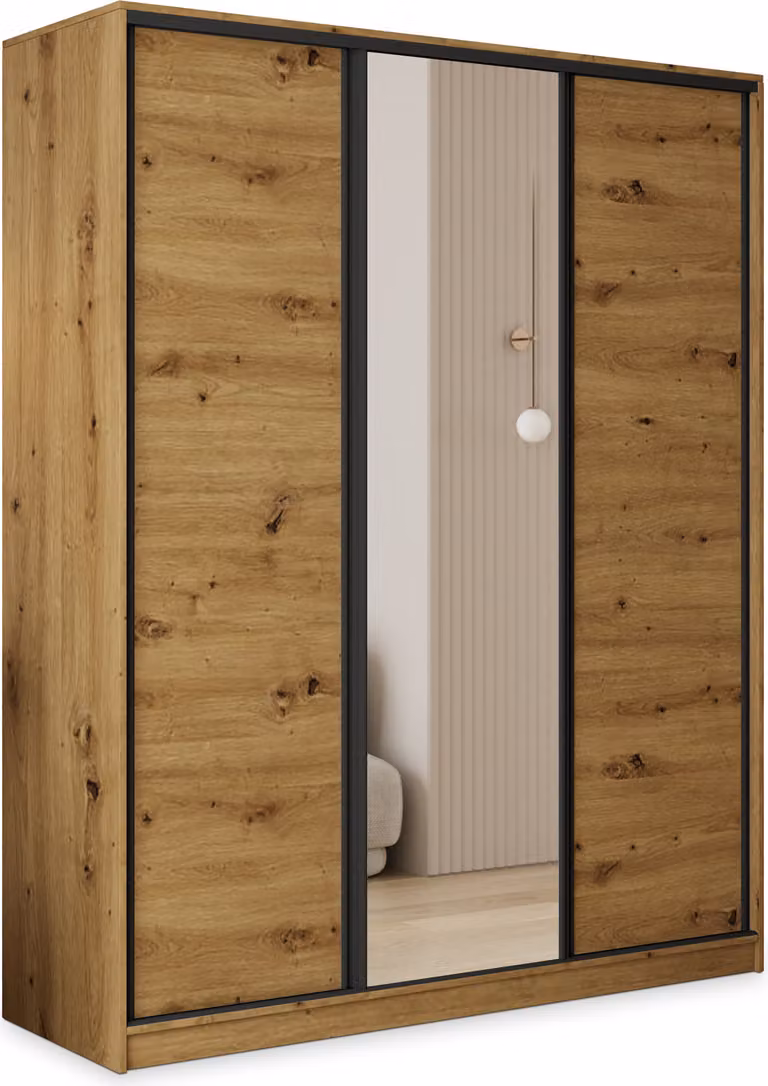 Armadio scorrevole Masseno TARI 160/205/58 cm Armadio con 4 cassetti Armadio per camera da letto a 3 ante con specchio Rovere Artisan